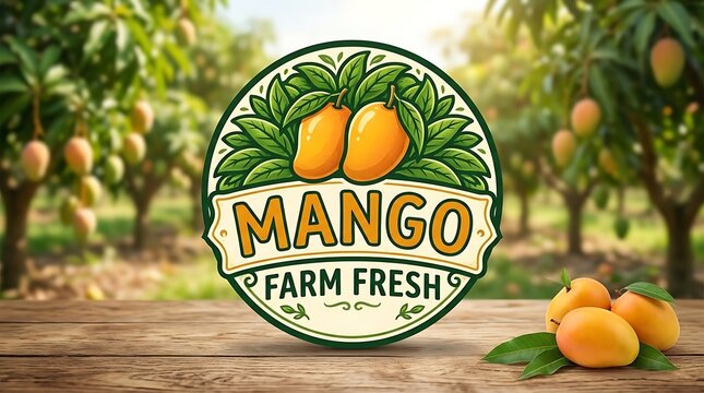 Mango farm fresh fruit logo on a rustic wooden table illustration