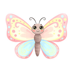 Fototapeta premium Cute Pastel Cartoon Butterfly with Big Eyes and Decorative Wings Isolated on White Background
