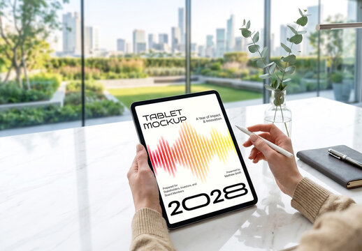 Hands Holding Digital Tablet Mockup on Modern Office Desk
