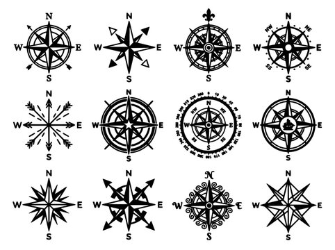 Compass Rose Icons Set of Eight Black and White Nautical Navigation Symbols with Cardinal Directions and Wind Lines