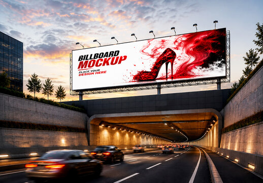 Outdoor Billboard Mockup Over Highway Tunnel Entrance at Sunset