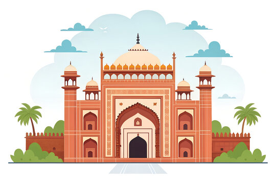 Fatehpur Sikri Buland Darwaza grand gateway, modern illustration vector style, clean flat design, vibrant colors