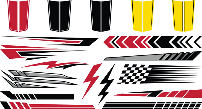 Sports Car Racing Decals and Vehicle Vinyl Wrap Graphic Elements Featuring Hood Stripes Checkered Flag Chevron and Lightning Bolt Vectors for Automotive Tuning