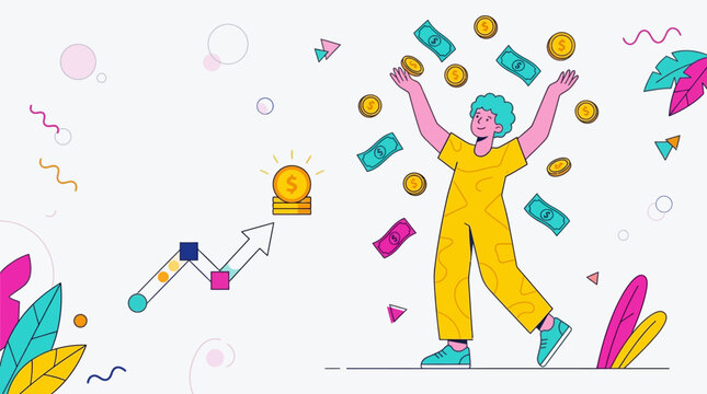 Person Celebrating with Coins and Money.