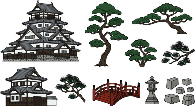 Traditional Japanese Castle and Garden Architecture Vector Set with Historical Pagoda Buildings Pine Trees Red Arched Bridge and Stone Lantern