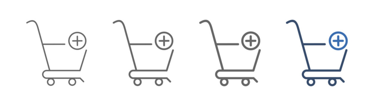 
outline icon set add to cart with trolley design and plus sign