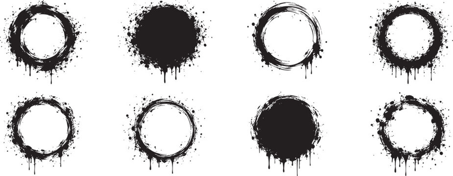 Set of black ink grunge circles with paint drips and splashes isolated on white background