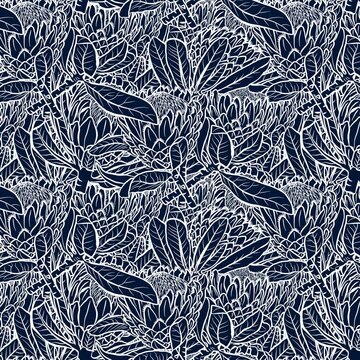 An intricate seamless botanical pattern of hand-drawn protea flowers and layered foliage in delicate white linework on a rich indigo background. This timeless design blends organic textures 
