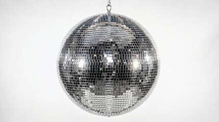 Obraz premium Shiny disco ball hanging from a chain isolated on white background
