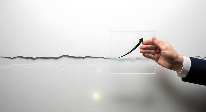 Businessman holding a glass plate with a growing business graph chart, symbolizing success, growth, and development in a corporate setting