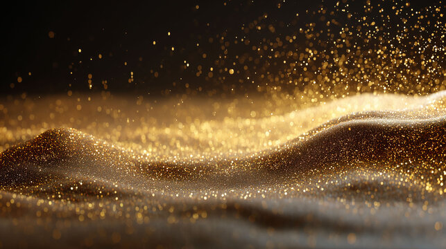 Dynamic golden particle stream blasting over shiny textured glitter sand dunes