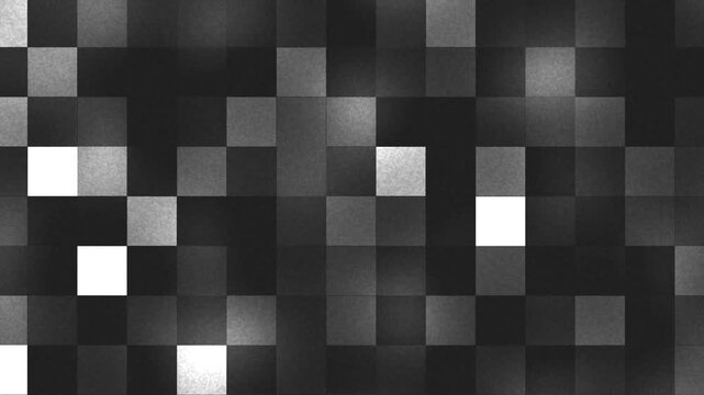Abstract animated background with glowing pixel squares in a dark gradient colors of black and white. Dynamic digital mosaic for ads, digital art, creative geometric design or elegant corporate themes