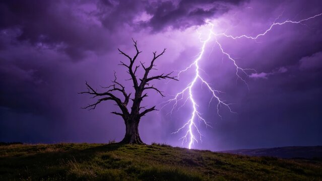 Lightning striking near a lone tree