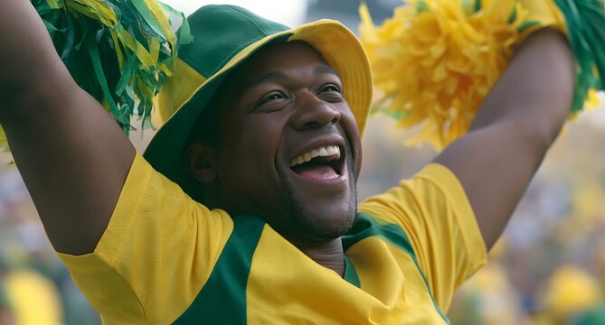 Torcedor Brasileiro Adulto Sorridente Usando Chap&eacute;u Pescador e Celebrando com Pompons Verdes e Amarelos