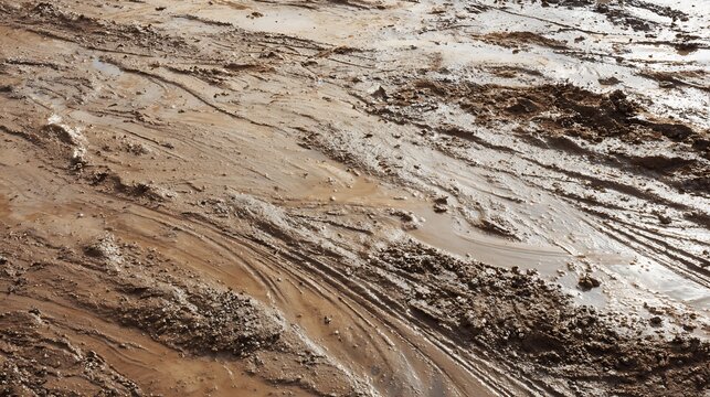 Muddy ground texture with tire tracks in a construction site.