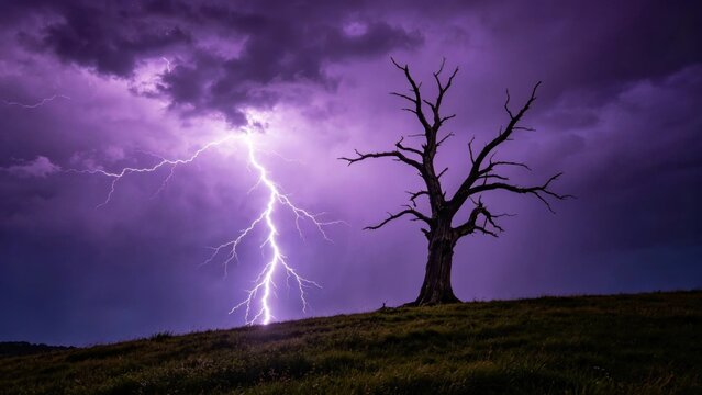 Lightning striking near a lone tree
