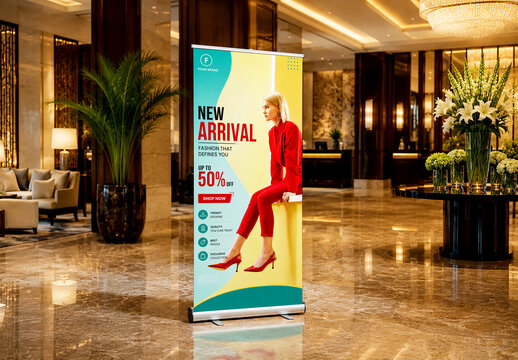 Roll Up Banner Mockup in Luxury Hotel Lobby Interior