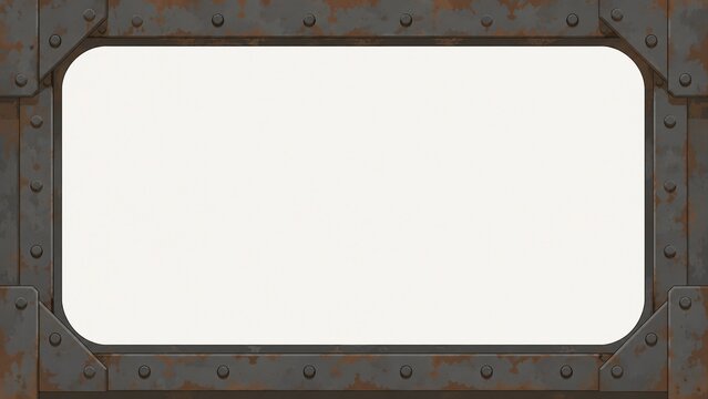 Rusty metal rectangular frame with rivets and industrial texture on a white background
