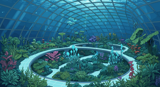 Serene illustration of a futuristic botanical garden inside an underwater biodome. Strange and colorful plants grow under a glass dome as fish swim overhead.