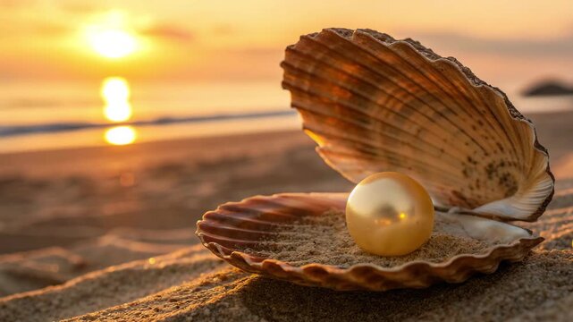 Oyster revealing lustrous pearl during golden sunset beach serene ocean backdrop cinematic motion