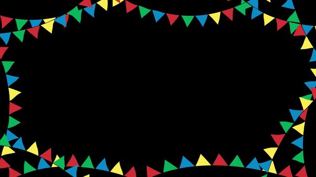 Bunting flags form a festive decorative border against a deep black background for party announcements.