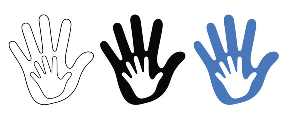 Fototapeta premium Helping Hands Icon Set Featuring Adult and Child Hand Silhouettes for Family Support, Compassion, Protection, and Community Care Services Vector Illustration