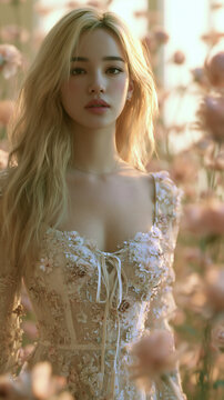 surreal asian blonde in fantasyworld, dreamlike blonde beauty in wonderland, ethereal bombshell in surreal realm