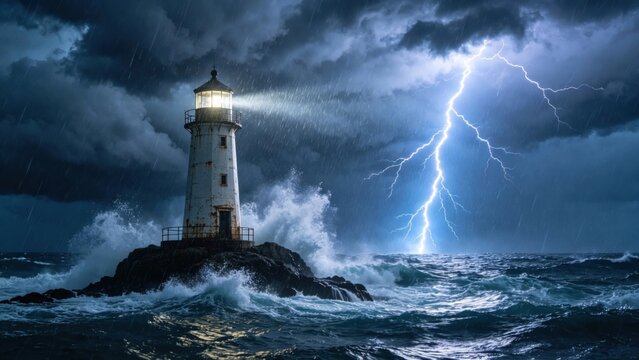 Lightning striking sea near offshore lighthouse