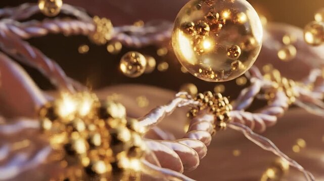 Gold molecule with peptide collagen background concept. Abstract glowing golden particles with twisted strands and bright light effects in a futuristic design