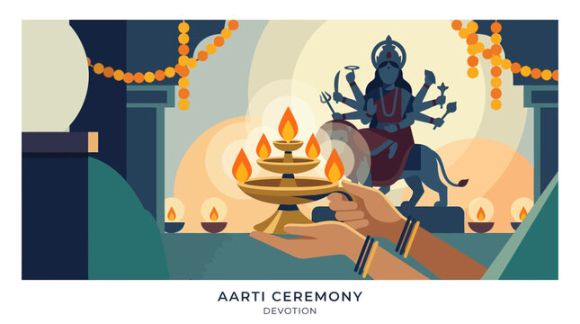 A tranquil flat design illustration of an Aarti ceremony, showing a devotee performing the ritual with a traditional lamp during Durga Puja. 