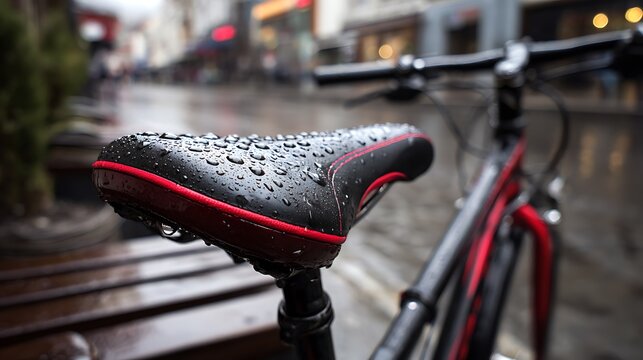 Wet bicycle saddle with raindrops after rain on a city street.