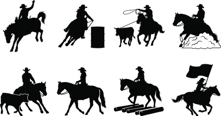Fototapeta premium Cowboy Rodeo Horse Riding Silhouette Set with Ranch and Western Activities