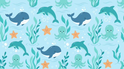 Naklejka premium An adorable Flat Design seamless pattern showcasing cute ocean creatures such as whales, dolphins, octopuses, and starfish, ideal for summer-themed products or beachwear.