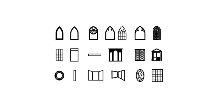 Windows with Various Architectural Styles and Designs in Black and White Featuring Building, Facade, Modern with Vintage and Geometric Elements