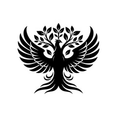 Fototapeta premium Phoenix Tree icon blending the tree of life with phoenix wings. Premium black and white vector emblem symbolizing renewal, growth, and resilience.