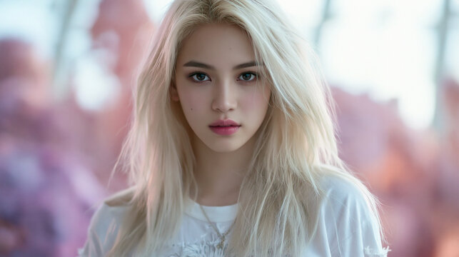 surreal asian blonde in fantasyworld, dreamlike blonde beauty in wonderland, ethereal bombshell in surreal realm