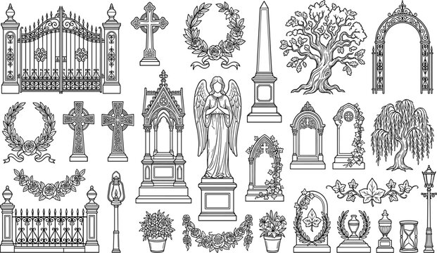 Black and white outline vector set of cemetery elements including gothic gates, angel statue, tombstones, wreaths, and weeping willow tree for memorial design