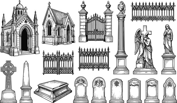 Vintage black and white engraving style vector set of cemetery elements including gothic chapel, tombstones, iron fences, and memorial statues for funeral design