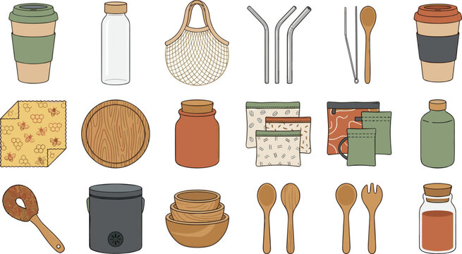 Zero Waste and Eco Friendly Lifestyle Icon Set featuring Reusable Coffee Cup, Metal Straw, Wooden Cutlery, and Sustainable Kitchenware Vectors for Green Living