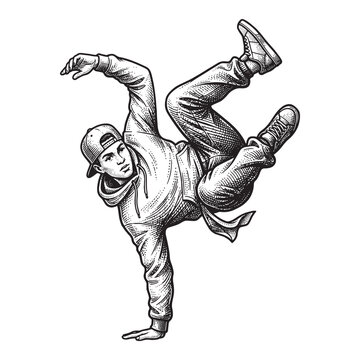 Street Breakdance One Hand Freeze, Vintage Detailed Hip Hop Engraving