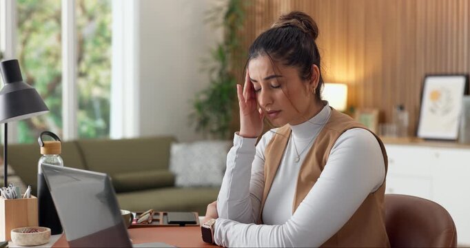 Woman, headache and remote work in house with laptop, fatigue and challenge for copywriting project. Tired, freelance copywriter and person in apartment with migraine, computer or stress for campaign