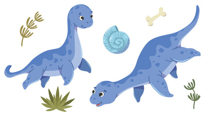 Predatory marine reptile with a long neck and flippers. Plesiosaurus character in two poses. Prehistoric animal © Ксения Хомякова