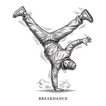 Street Breakdance One Hand Freeze, Vintage Detailed Hip Hop Engraving