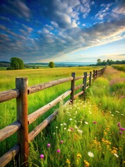 Fototapeta premium A rustic wooden fence stands tall amidst a lush green grass field with wildflowers swaying gently in the breeze