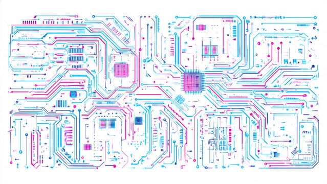 abstract circuit board pattern with blue pink lines and components for technology and innovation themes