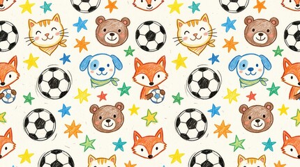 Fototapeta premium White seamless pattern: cute cartoon animals, soccer balls, bright stars