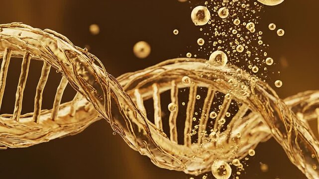 Golden DNA double helix with glowing particles and scientific molecular background for biotechnology concept