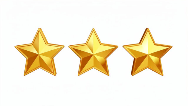 Close-up of three shiny gold star icons on white background suitable for awards and recognition