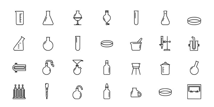 Laboratory Glassware Icon Set in Black and White Line Art, Chemical Containers and Measurement Equipment on Transparent Background