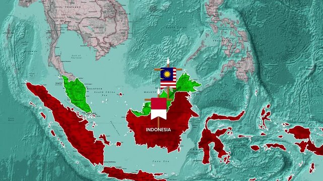 animated map showing Indonesia and Malaysia flags in motion